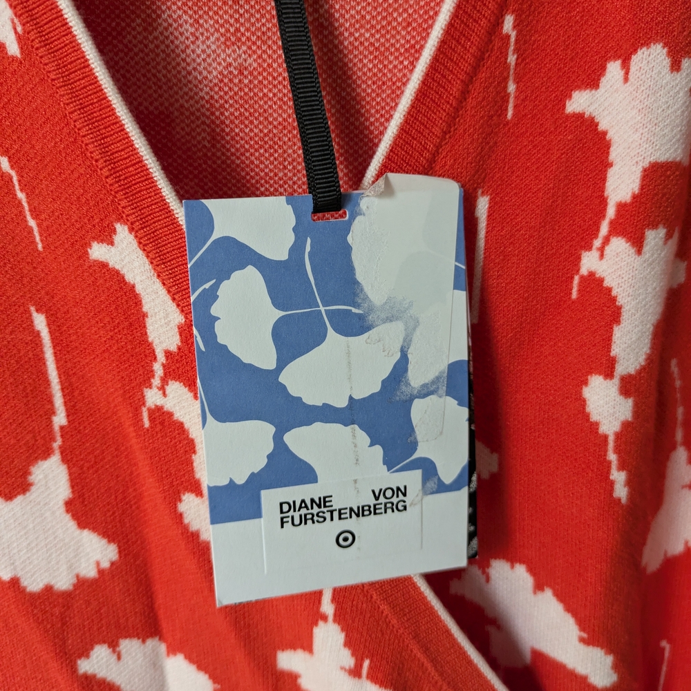 NWT Diane Von Furstenberg Women's Orange and White Floral Knit Wrap Dress - Picture 5 of 9
